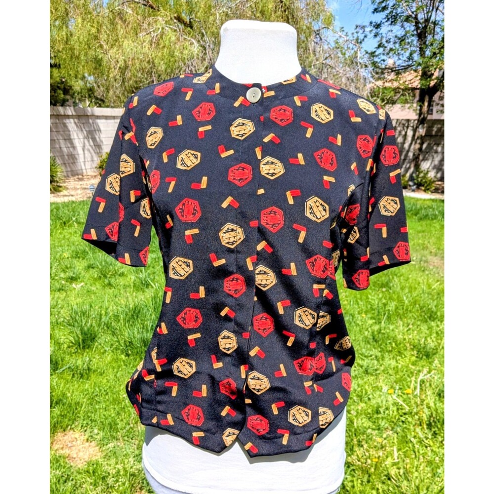 Vintage Women's Small Bora Bora Polynesian print button Blouse S/S Shirt Top EUC
